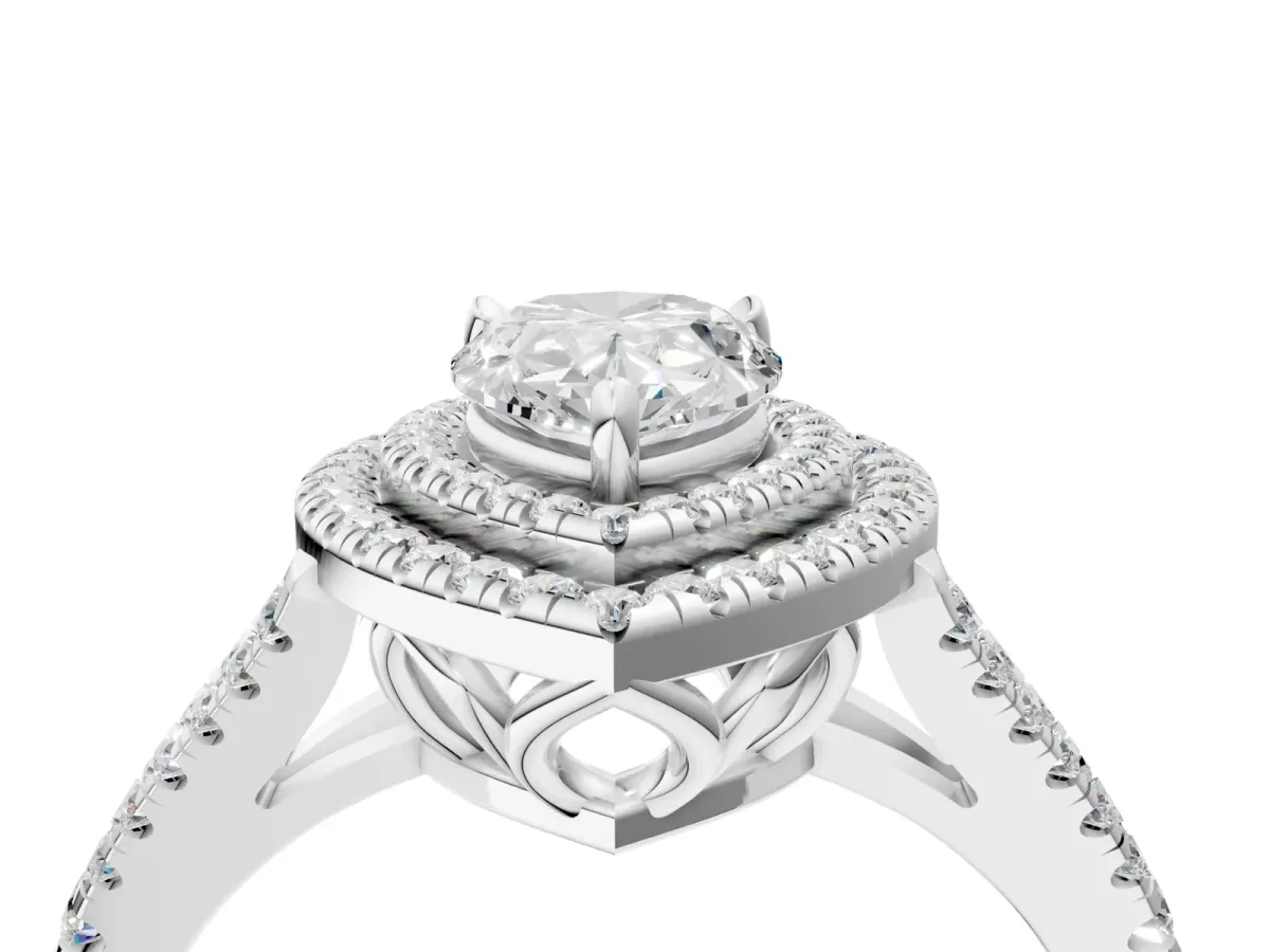 Pear Cut Diamond Double Halo Ring with Pavé Band and Prong Setting Silver