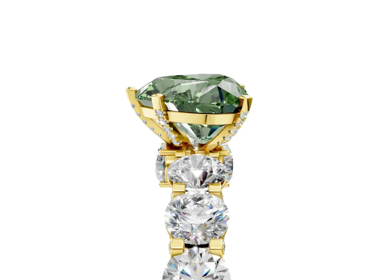 Fancy Green Heart Cut Diamond Side Stone Engagement Ring with Four-Prong Setting Yellow gold