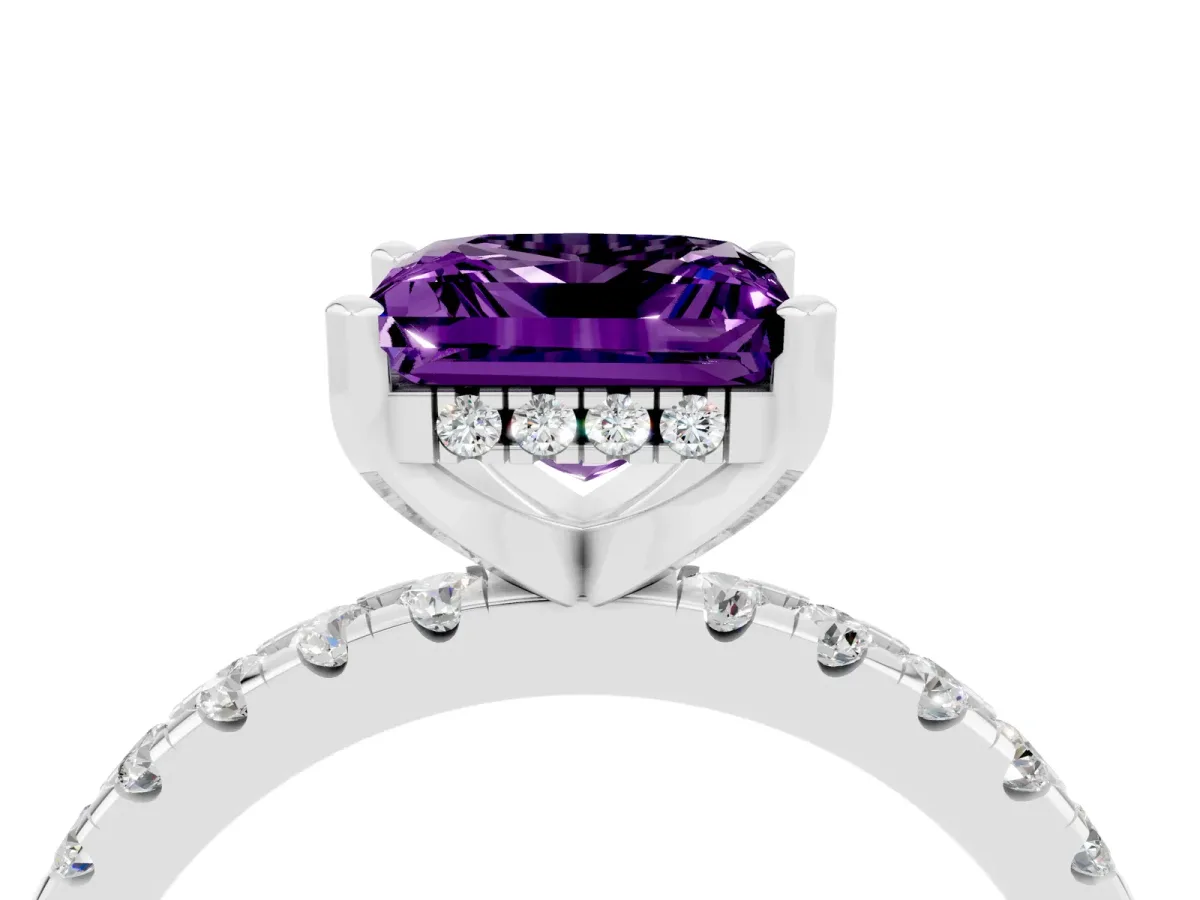 Princess Cut Amethyst Solitaire Ring with Round Pavé Band and Four-Prong Setting Silver