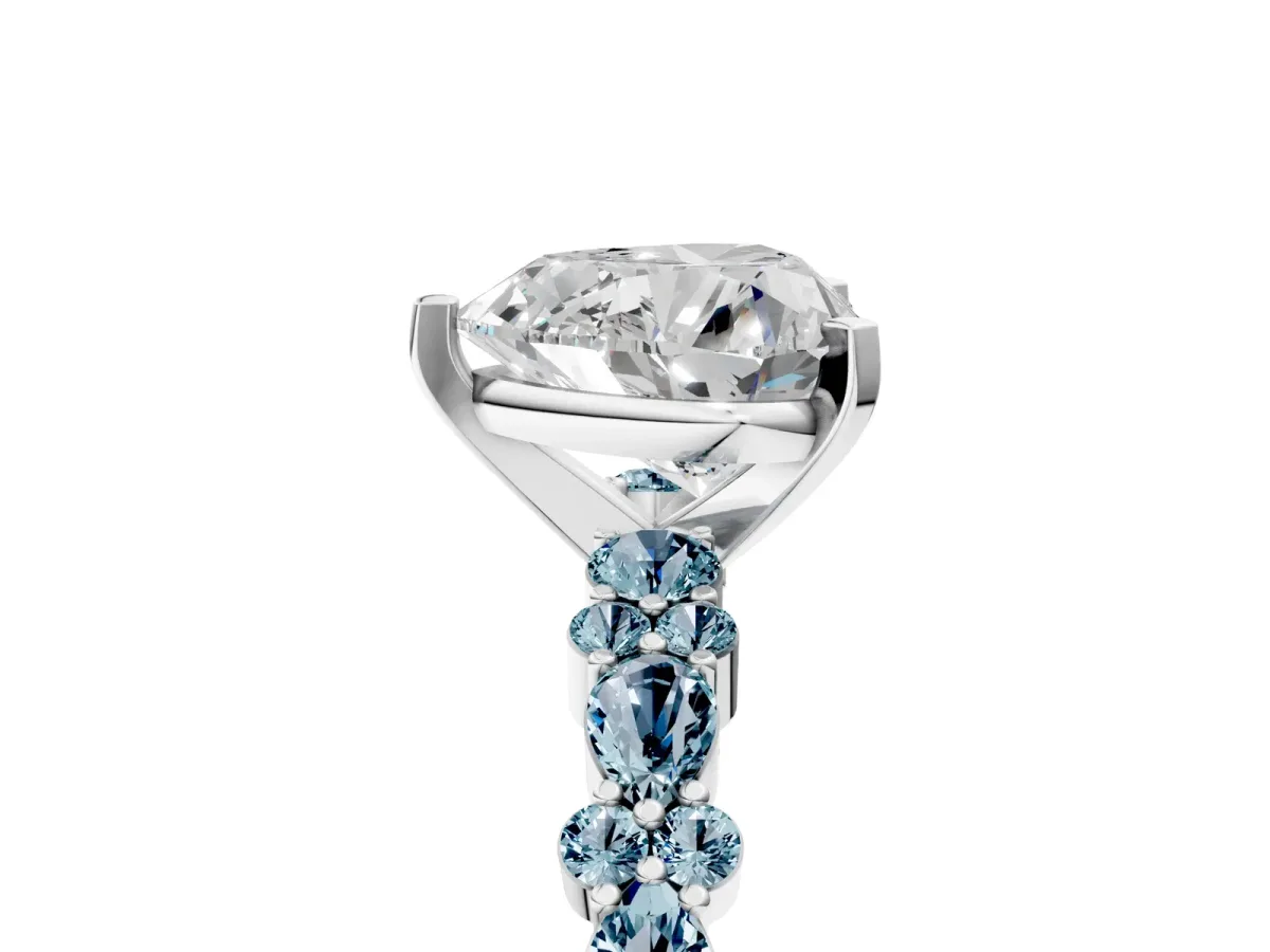 Heart Cut Diamond Side Stone Solitaire Ring with Round Aquamarine and Four-Prong Setting Silver