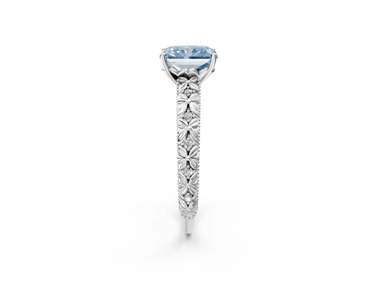Fancy Blue Radiant Cut Solitaire Floral Milgrain Engagement Ring Platinum