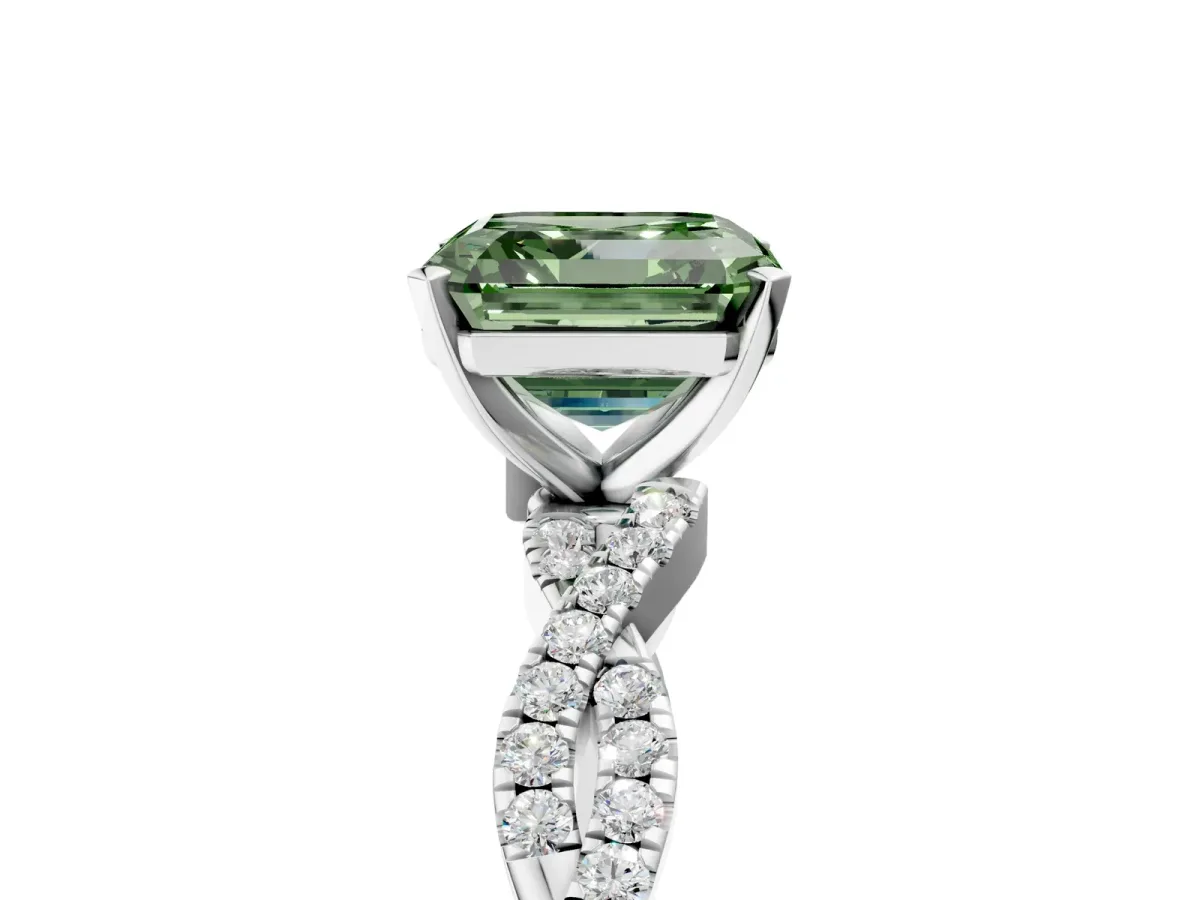Fancy Green Asscher Cut Solitaire Twisted Pave Band with Four-Prong Setting Platinum
