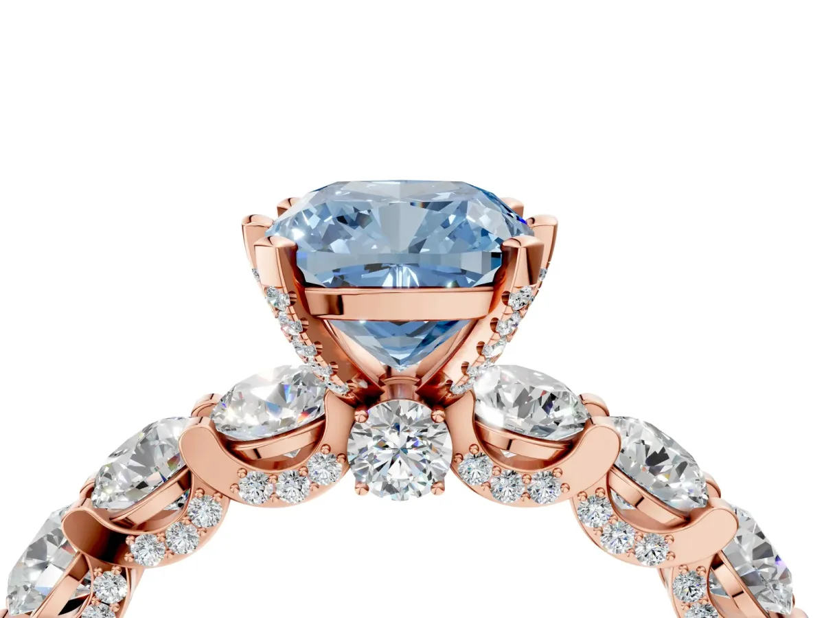 Fancy Blue Cushion Cut Diamond Side Stone Engagement Ring with Four-Prong Setting Rose gold