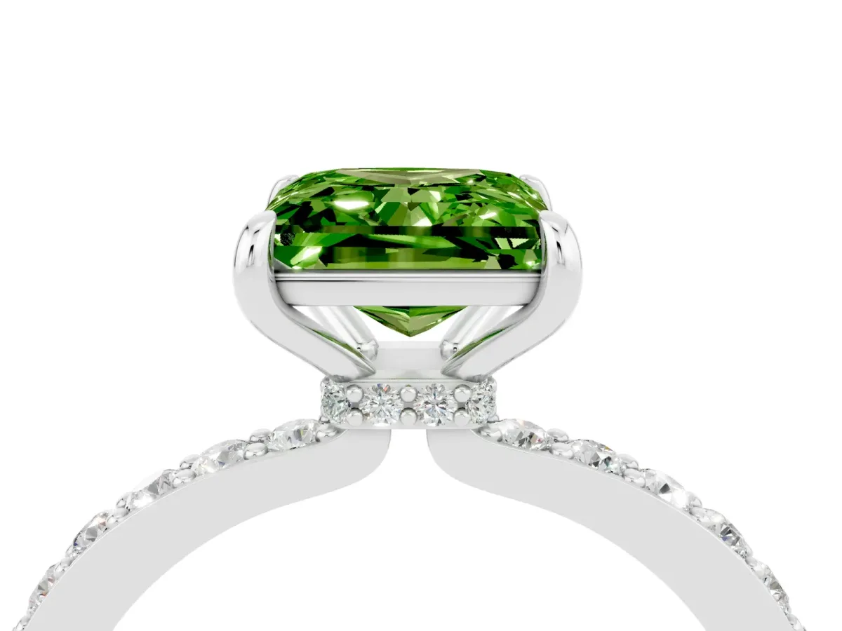 Princess Cut Peridot Solitaire Engagement Ring with Pavé Band and Four-Prong Setting Silver