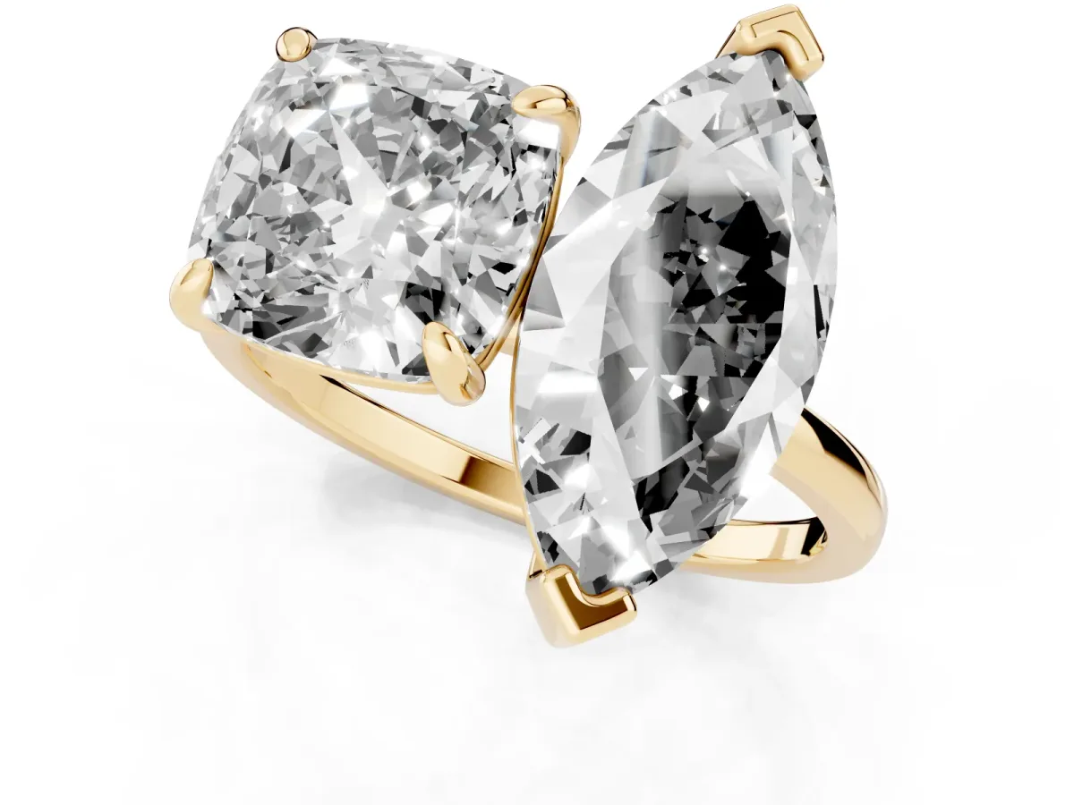 Cushion and Marquise Toi Moi Ring with Prong Setting and Plain Band Yellow gold