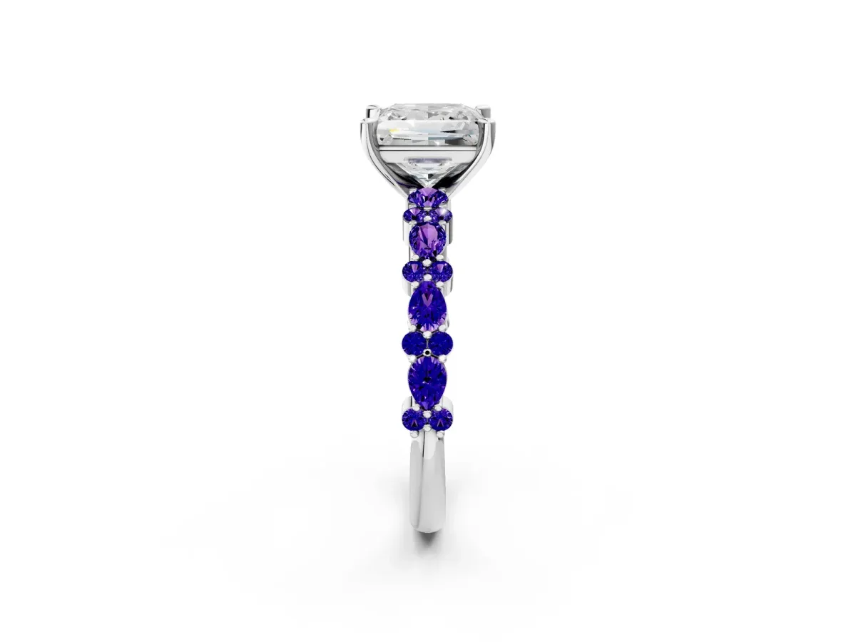 Princess Cut Diamond Side Stone Solitaire Ring with Round Tanzanite and Four-Prong Setting Silver