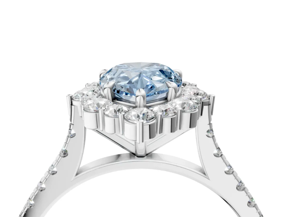 Fancy Blue Pear Cut Halo Diamond Ring with Pavé Band and Prong Setting Silver