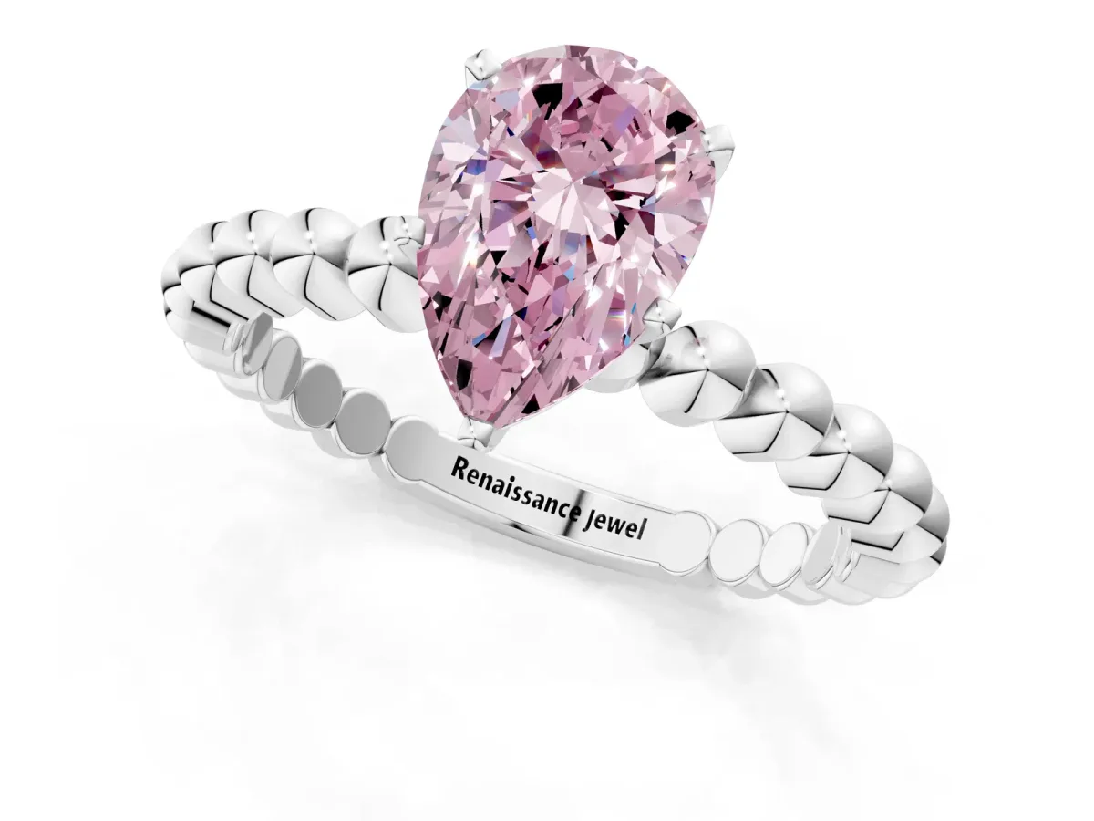 Fancy Pink Pear Cut Diamond Solitaire Ring with Beaded Band and Prong Setting Platinum