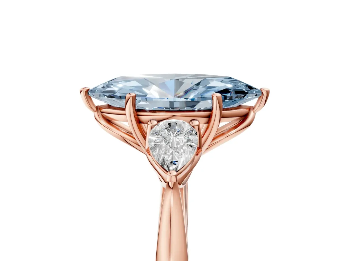 Fancy Blue Marquise Cut Diamond Three-Stone Ring with Pear Side Stones and Prong Setting Rose gold
