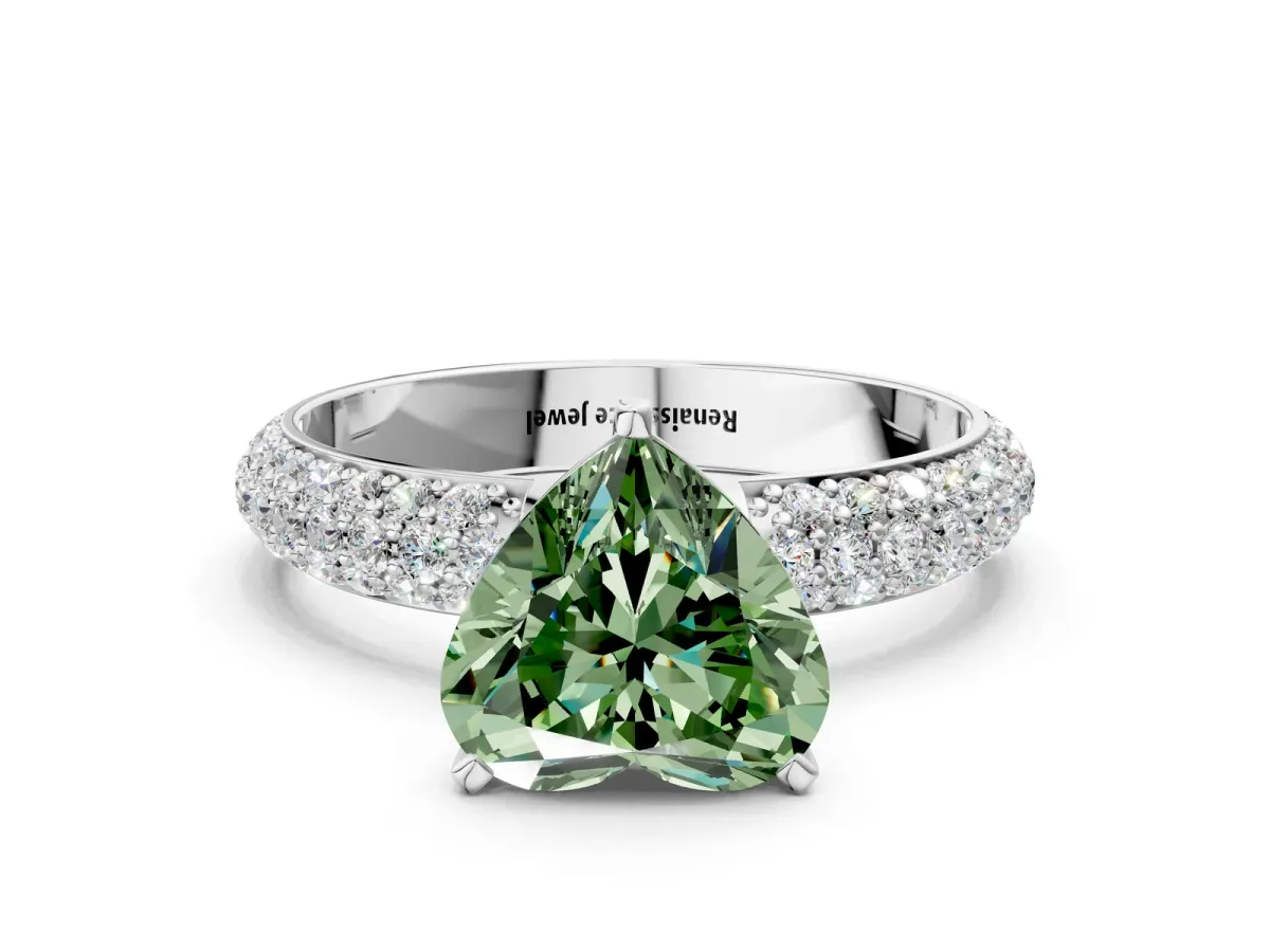 Fancy Green Heart Cut Diamond Solitaire Ring with Prong Setting and Pavé Band Platinum
