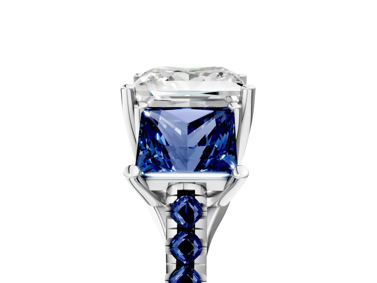 Three-Stone Princess Cut Diamond Ring with Round Blue Sapphire Pavé Band and Prong Setting Silver