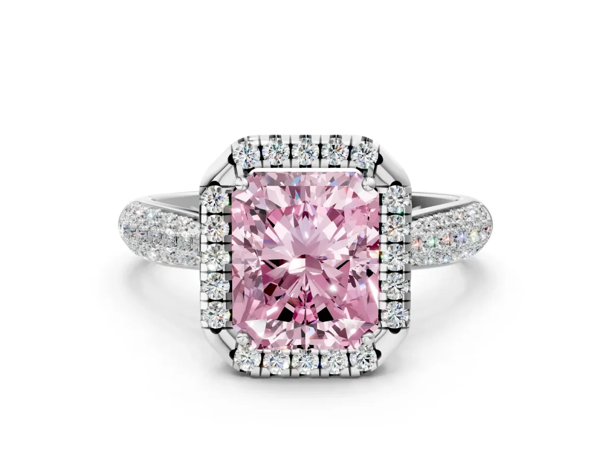 Fancy Pink Radiant Cut Halo Diamond Ring with Pavé Band Platinum