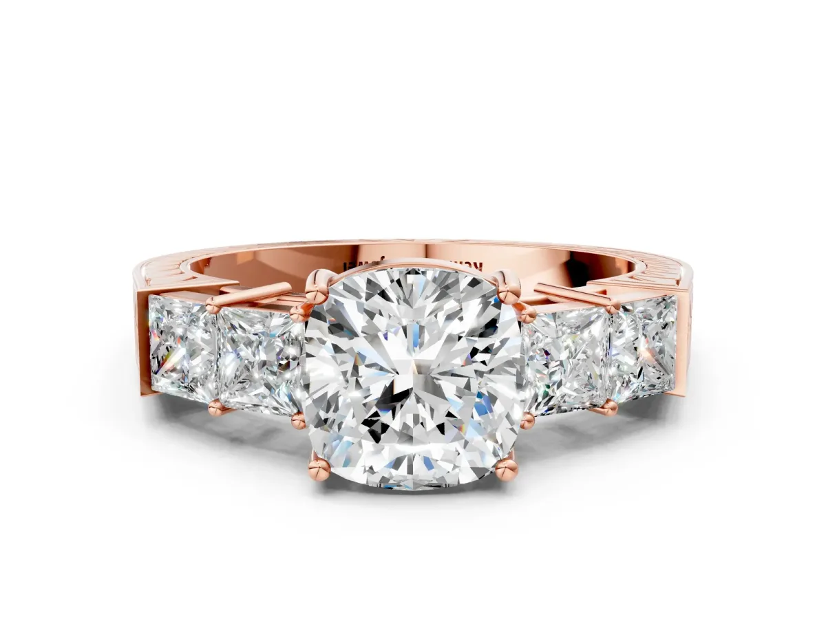 Cushion Cut Solitaire Princess Side Stone Engraved Band Prong Setting Ring Rose gold