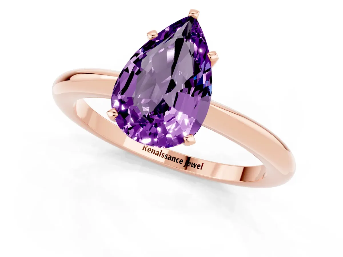 Pear Cut Amethyst Solitaire Ring with Six-Prong Setting and Classic Band Rose gold