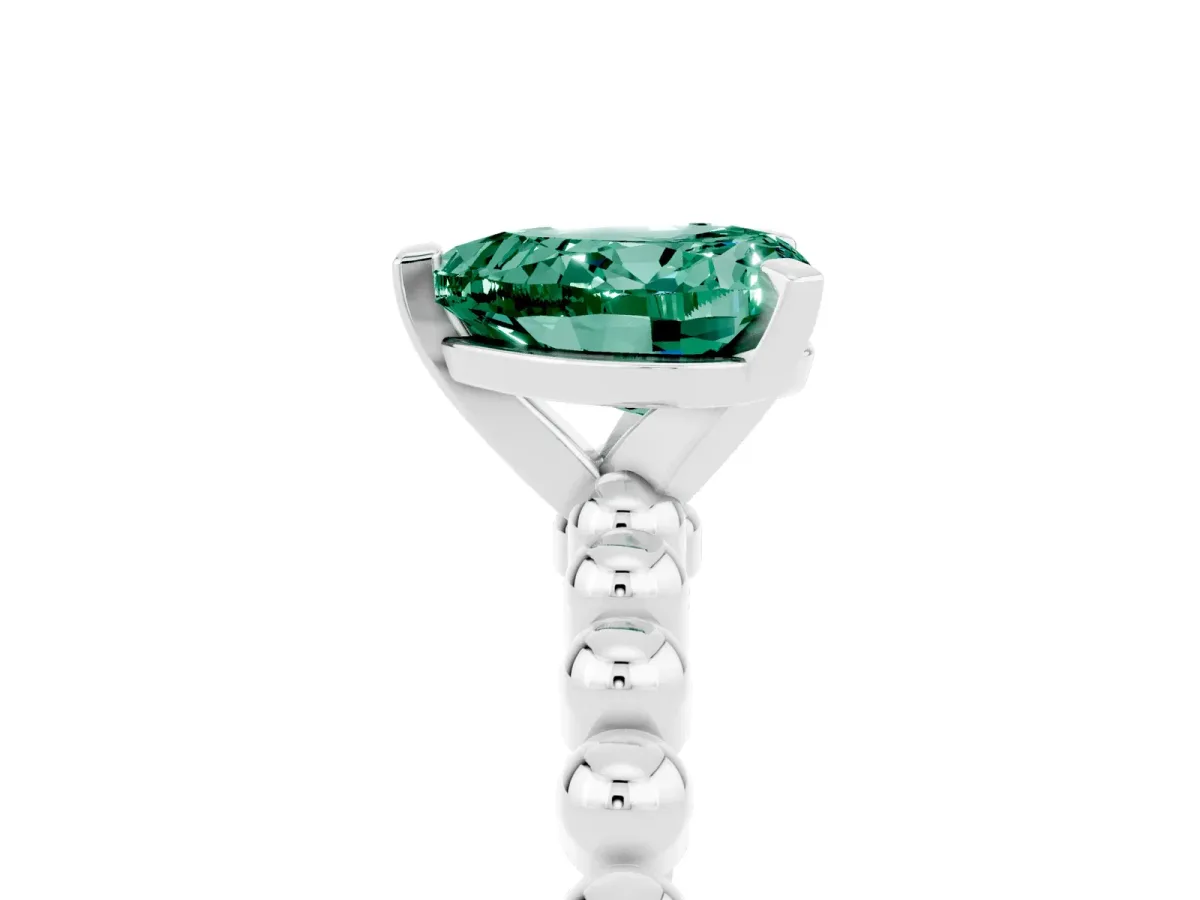 Heart Cut Green Sapphire Solitaire Ring with Beaded Band and Prong Setting Silver