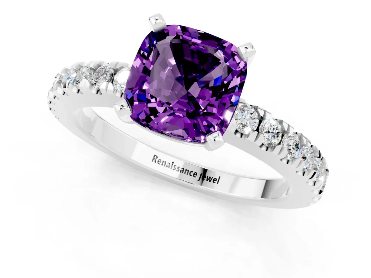 Cushion Cut Solitaire Amethyst with Pavé Band and Four-Prong Setting Silver