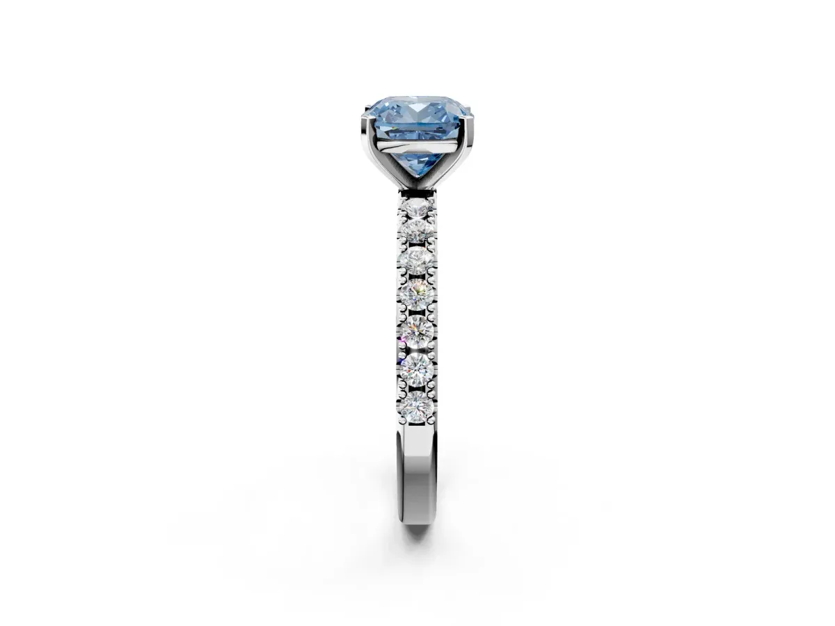 Fancy Blue Cushion Cut Diamond Solitaire Pavé Band with Four-Prong Setting Silver