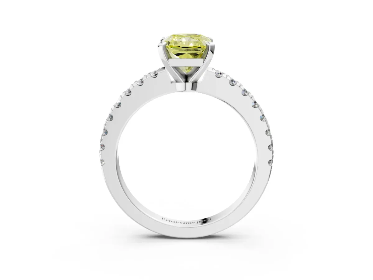 Fancy Yellow Radiant Cut Solitaire Diamond with Pavé Band and Four-Prong Setting Silver