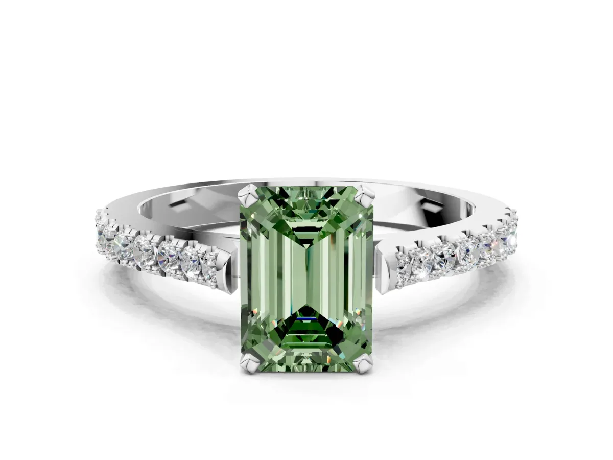 Fancy Green Emerald Cut Cut Solitaire Diamond Engagement Ring with Pave Band and Four-Prong Setting Silver