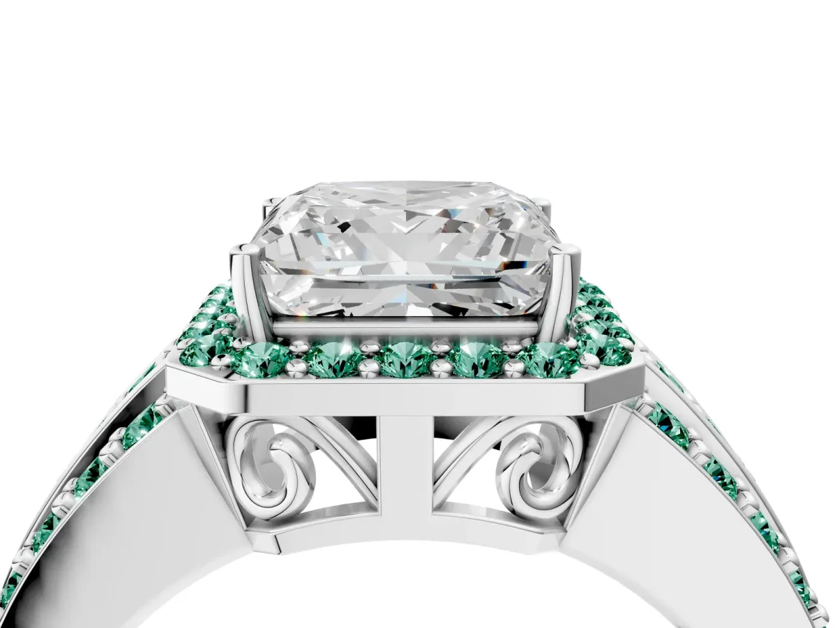 Princess Cut Halo Diamond Ring with Round Green Sapphire Split Shank and Prong Setting Silver