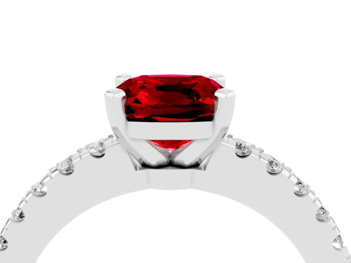 Cushion Cut Solitaire Ruby with Pavé Band and Four-Prong Setting Silver