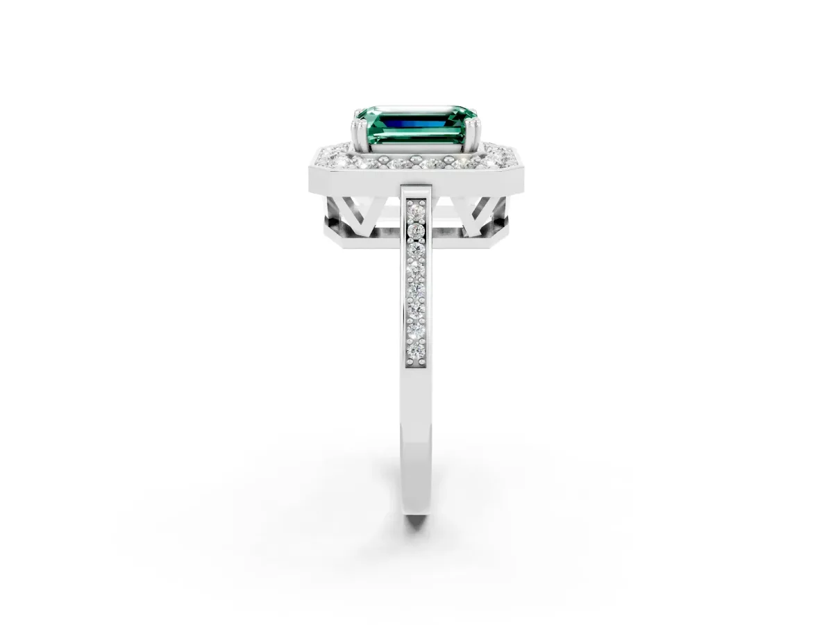 Emerald Cut Green Sapphire Halo Ring with Split Shank and Four-Prong Setting White gold