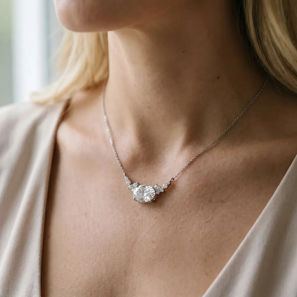 Oval Diamond Pendant with Heart Accents and Prong Setting Silver