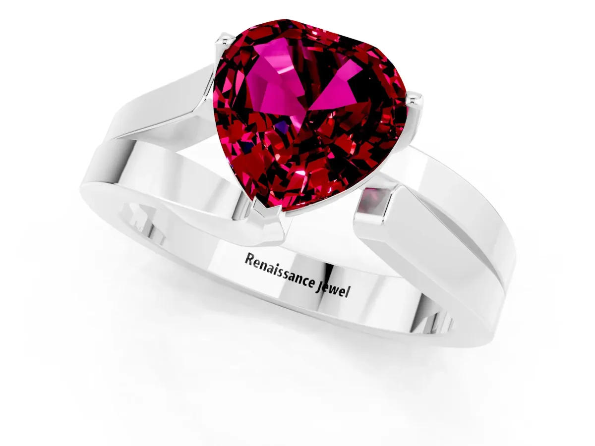 Modern Tension Set Heart Cut Garnet Solitaire Wide Band Ring Silver
