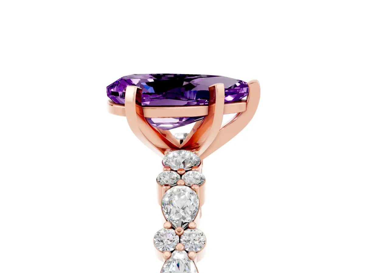 Pear Cut Amethyst Side Stone Solitaire Ring with Round and Four-Prong Setting Rose gold