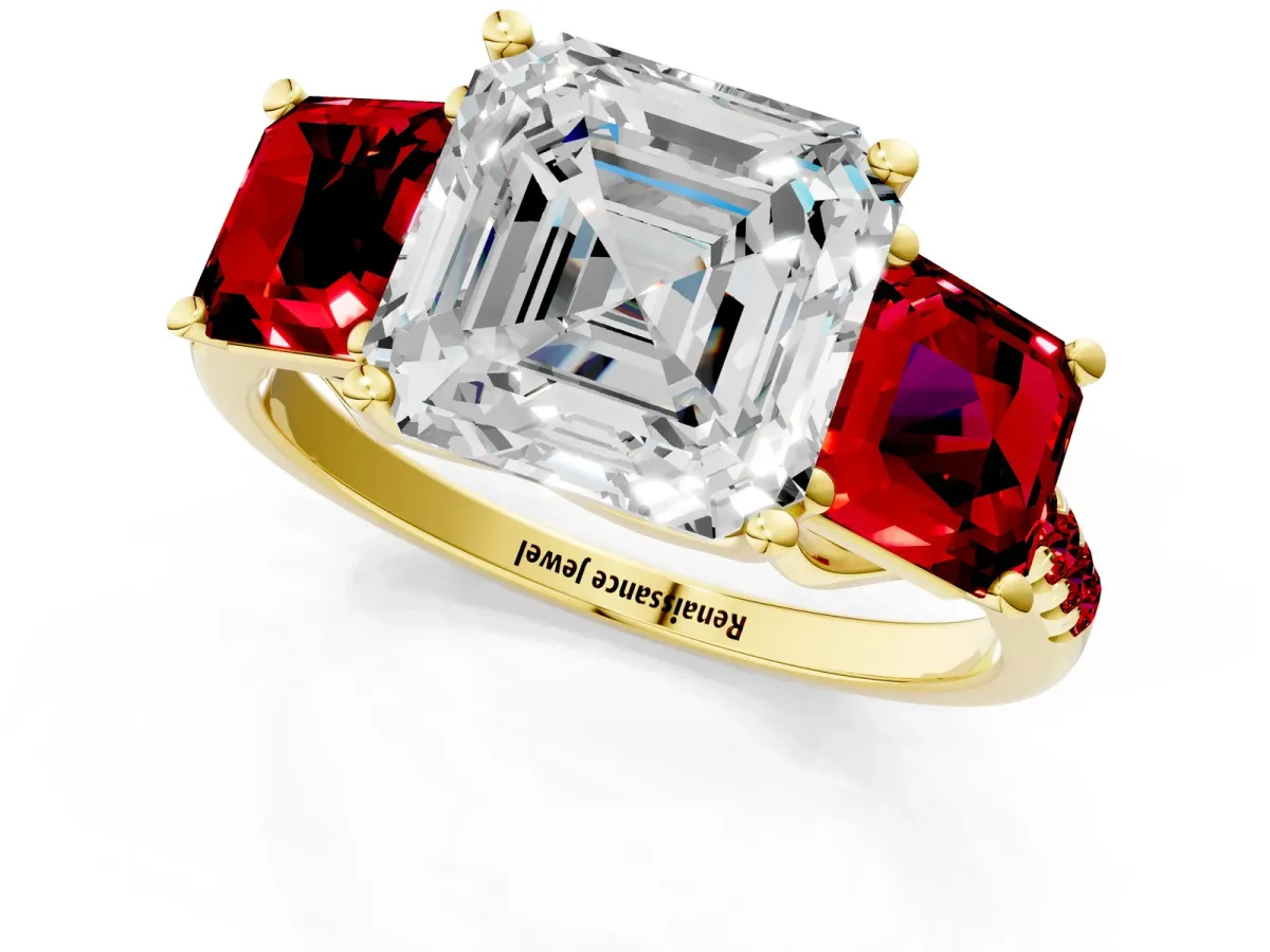 Three-Stone Asscher Cut Diamond Ring with Round Ruby Pavé Band and Prong Setting Yellow gold