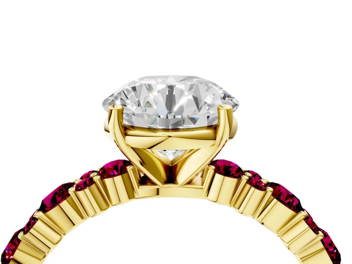 Round Cut Diamond Side Stone Solitaire Ring with Round Garnet and Four-Prong Setting Yellow gold