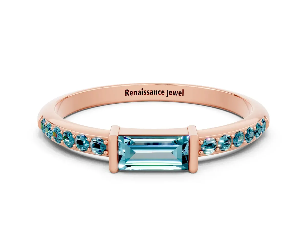 Baguette Blue Topaz Pavé Band with Bar Setting Rose gold