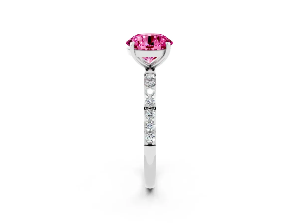 Round Cut Pink Sapphire Solitaire Ring with Round Pavé Band and Prong Setting Silver