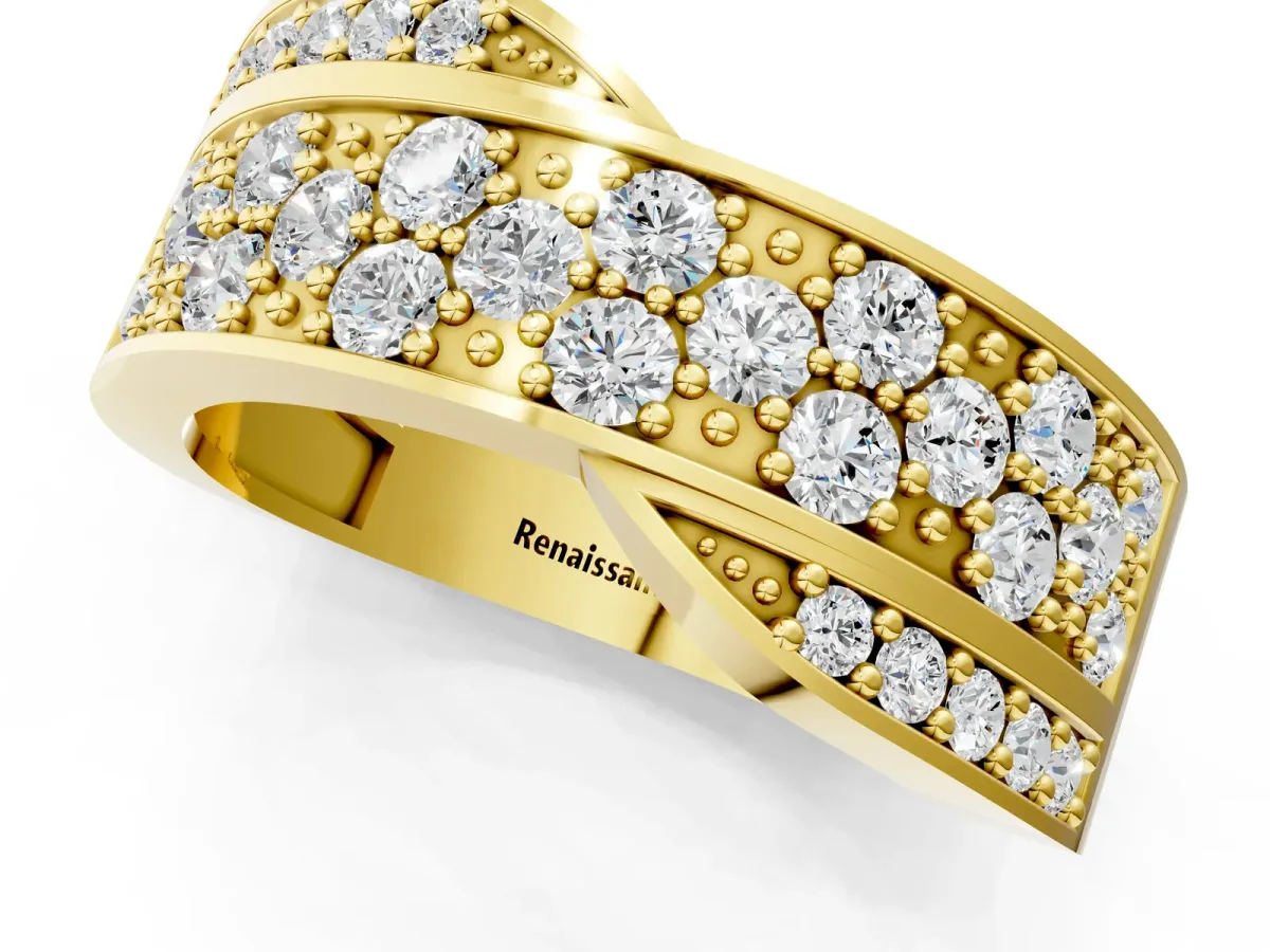Pavé Round Diamond Crossover Band with Bead Prong Setting Yellow gold