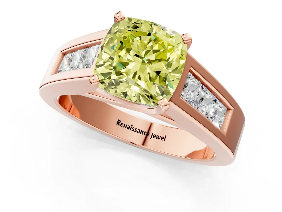 Fancy Yellow Cushion Cut Cut Channel Set Solitaire Ring with Four-Prong Setting Rose gold