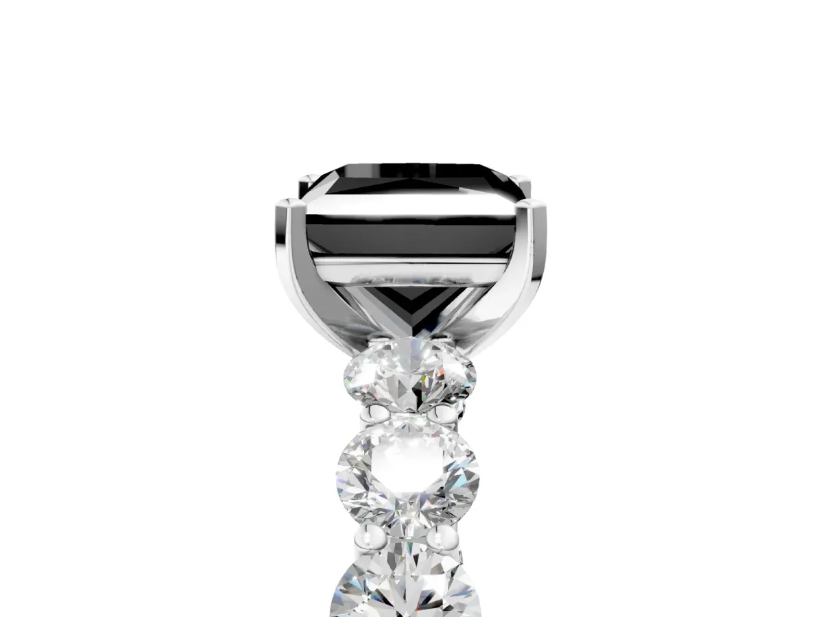 Fancy Black Princess Cut Diamond Prong Setting with Side Stones on a Pave Band Silver