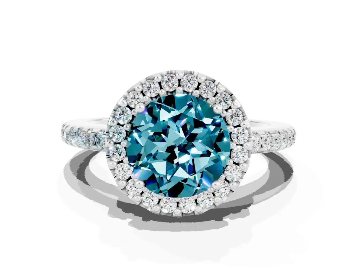 Round Cut Blue Topaz Pavé Halo Ring with Four-Prong Setting Platinum