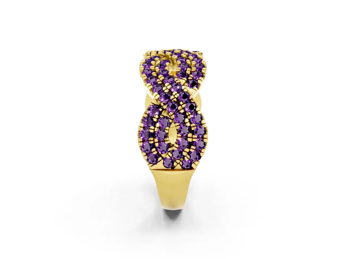 Pavé Round Amethyst Infinity Twist Band with Shared Prong Setting Yellow gold