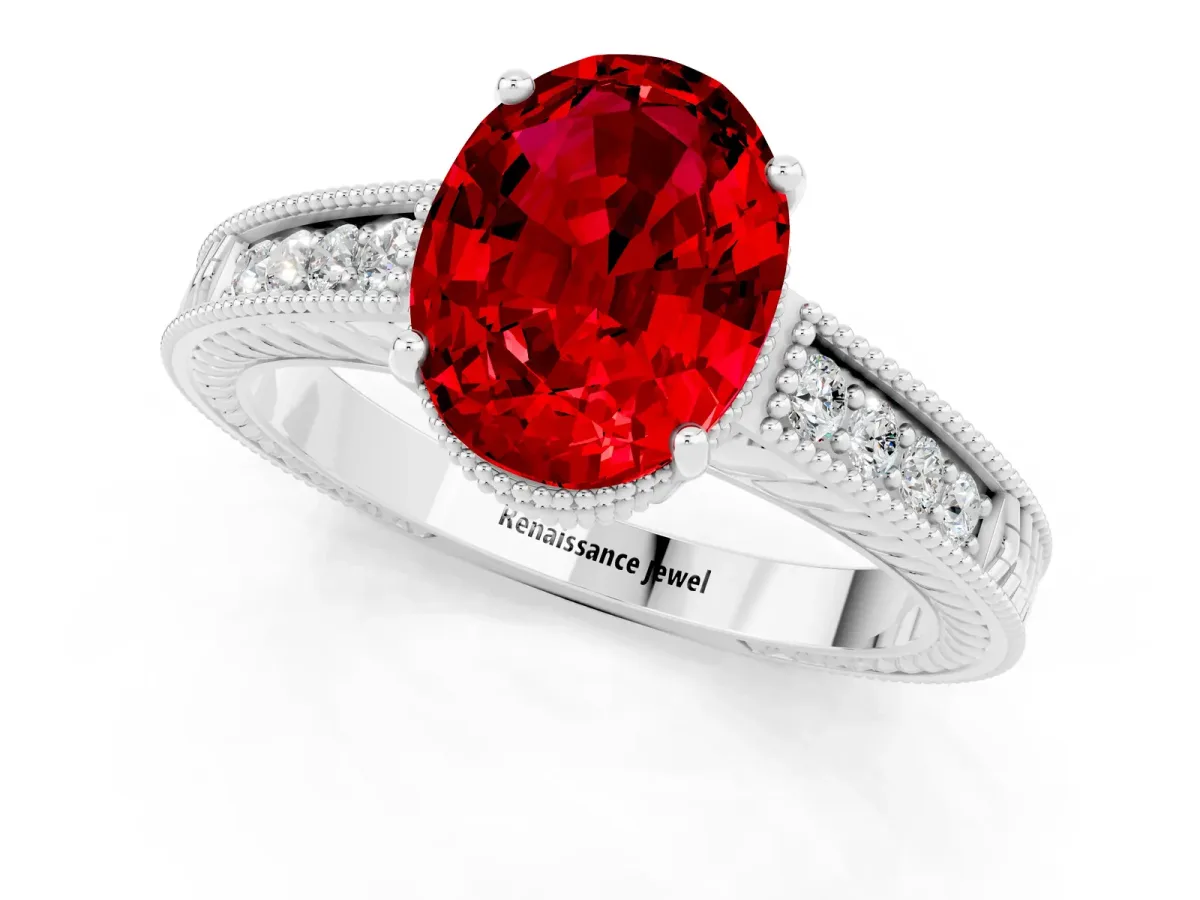Oval Cut Ruby Engagement Ring with Milgrain Channel Set Band and Prong Setting Platinum