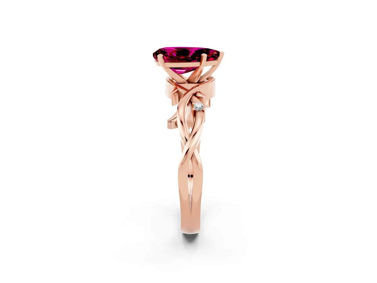 Pear Cut Garnet Solitaire Ring with Twisted Band and Prong Setting Rose gold