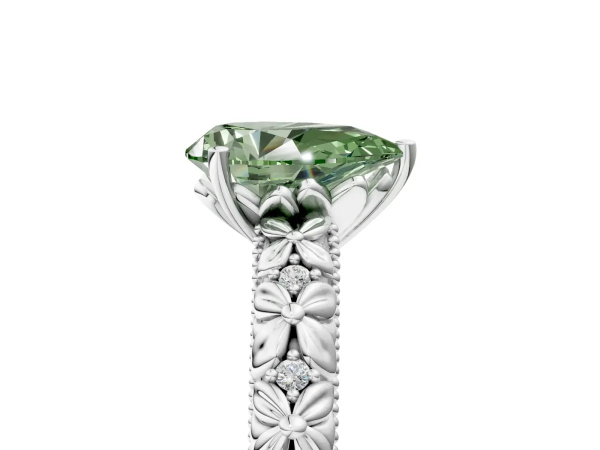 Fancy Green Pear Cut Solitaire Floral Milgrain Engagement Ring Platinum