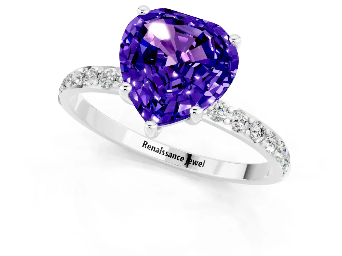 Heart Cut Tanzanite Solitaire Ring with Round Pavé Band and Prong Setting Silver