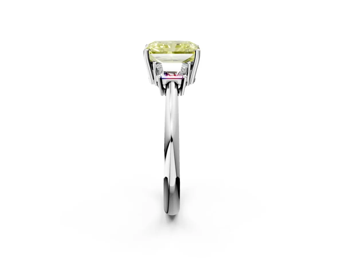 Fancy Yellow Radiant Cut Diamond Three-Stone Ring with Trapezoid Side Stones and Prong Setting Silver