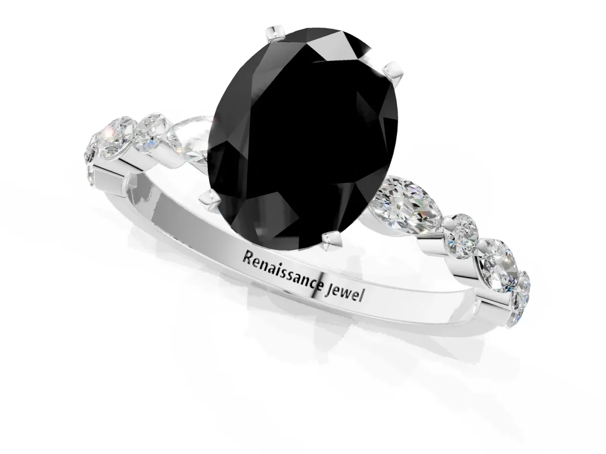 Fancy Black Oval Cut Diamond Ring with Marquise and Round Side Stones and Four-Prong Setting Silver