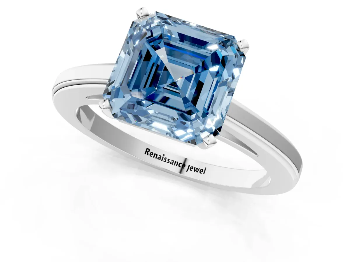 Fancy Blue Asscher Cut Solitaire Diamond Ring with Four-Prong Setting and Classic Band Platinum
