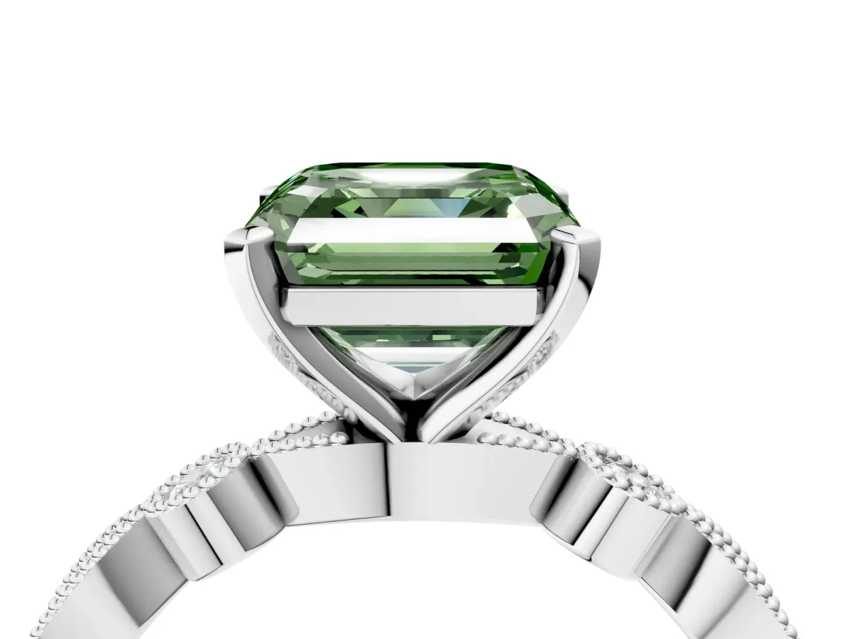 Fancy Green Asscher Cut Milgrain Bezel Diamond Engagement Ring with Solitaire Prong Setting Platinum