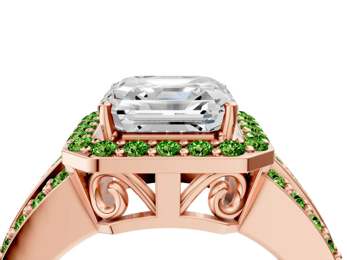 Asscher Cut Halo Diamond Ring with Round Peridot Split Shank and Prong Setting Rose gold