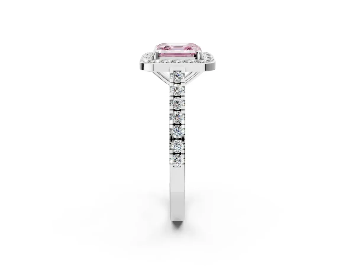 Fancy Pink Asscher Cut Diamond Halo Ring with Round Pavé Split Shank and Prong Setting Platinum