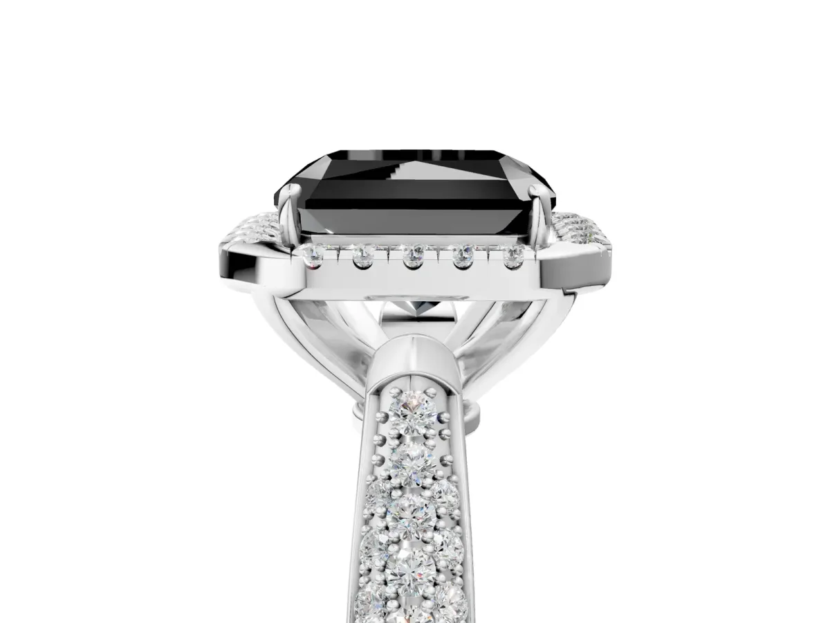 Fancy Black Radiant Cut Halo Diamond Ring with Pavé Band Platinum