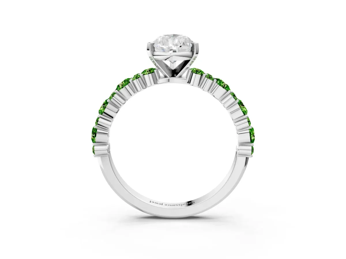 Pear Cut Diamond Side Stone Solitaire Ring with Round Peridot and Four-Prong Setting Platinum